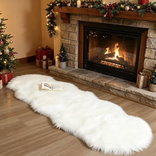 CKLZSAY Faux Fur Rug Runner 2x6 ft White - Machine Washable Super Soft Plush Shaggy Fluffy Area Carpet,Sheepskin Rug Fuzzy Floor Mat for Bedroom, Sofa,Living Room, Bedside, Nursery & Kids Room