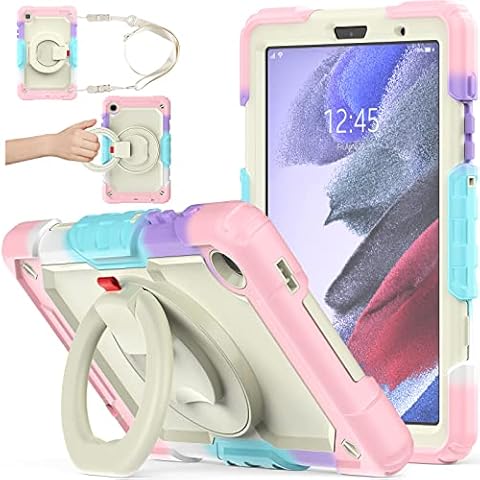 SEYMAC stock Case for Samsung Galaxy Tab A7 Lite 8.7 inch 2021 with Screen Protector & Pen Holder & [360 Rotating Handle Stand] & Shoulder Strap, Galaxy Tab A7 Lite Shockproof Case SM-T220/T225 (Pink) Cover