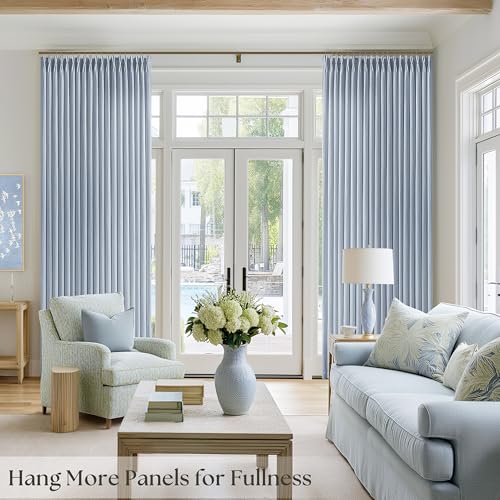Image of Blue Gray Pinch Pleated Semi Sheer Linen Curtains 40x102 Inch | Dusty Blue, 102 inch Long, Light Filtering Privacy, Living Room, Burlap Textured, Drapes, Hook Rings Memory Shape, Coastal