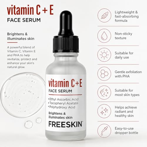 Image of Freeskin Vitamin C + E Face Serum with Ethyl Ascorbic Acid, Tocopheryl Acetate & Polyhydroxy Acid | Brightens & Illuminates Skin | Lightweight & Non-Sticky Formula | For All Skin Types | 30ml