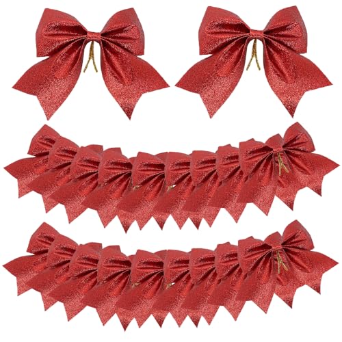 Ruolin Laços de Natal para árvore 20 peças, laços de lantejoulas com purpurinas vermelhas laços grandes para árvore de Natal para festa de árvore de Natal