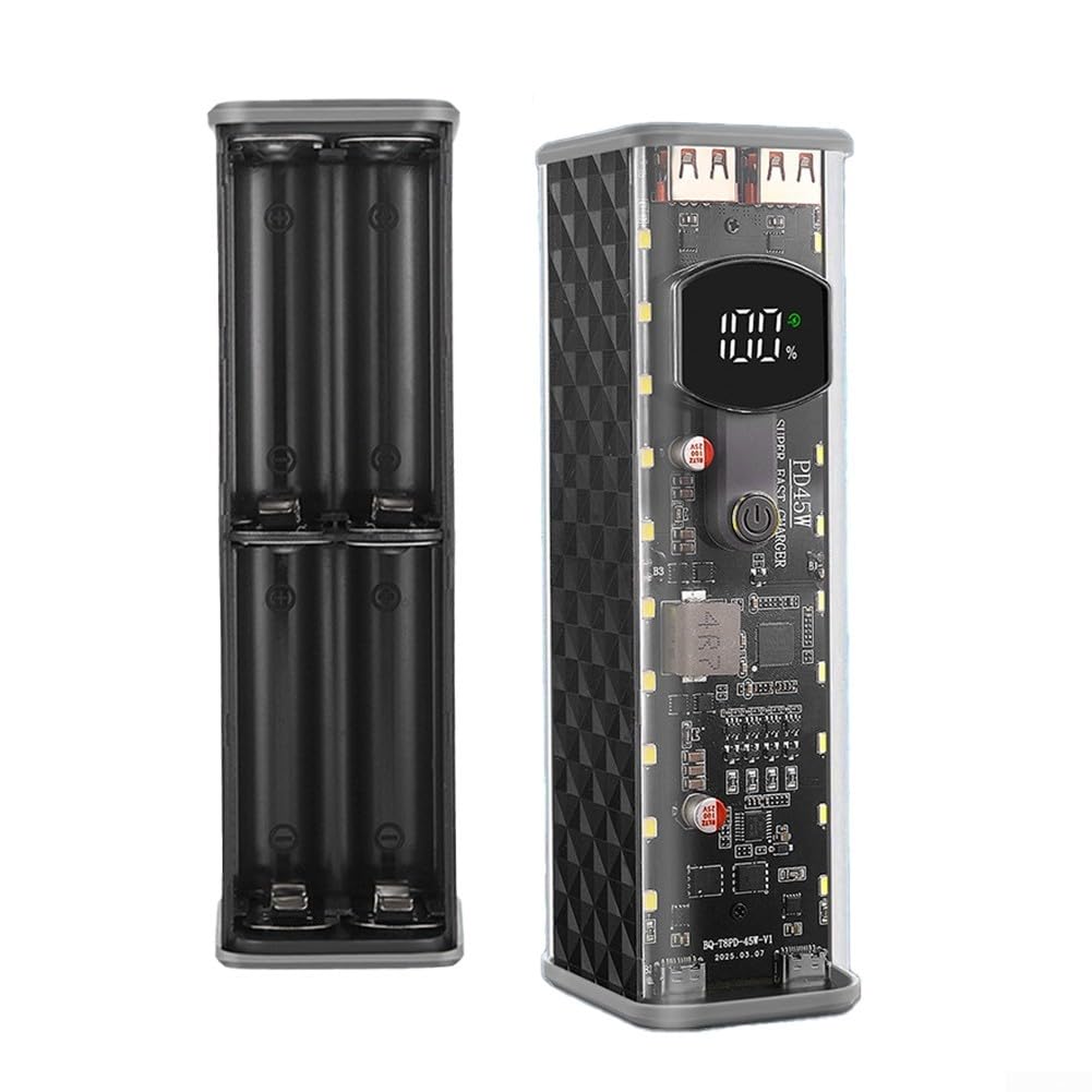 Custodia portatile per power bank in ABS trasparente, design a saldatura, per assemblaggio fai da te, compatibile con celle della batteria 8 x 18650, supporta la ricarica rapida da 22,5 W e 45 W (nero