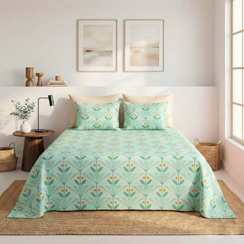Image of HOMEKART 100% Cotton Feel Double Bed Bedsheet Set | 180tc to 220tc Soft & Breathable with 2 Pillow Covers | Wrinkle Free | for Bedroom & Gifting (Color -Green flowral, 90 x 90 Inches)