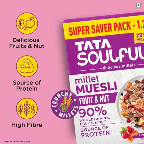 Image of Tata Soulfull Millet Muesli, Fruit & Nut, 1.2 kg, With 20% Crunchy Millets, 90% Whole Grains, Source of Protein, High in Fibre, Contains Ragi, Jowar & Bajra (Pack of 2)