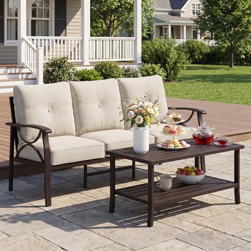 Image of FansaFurn 3 Seats Outdoor Patio Furniture Set, Outdoor Metal Sectional Furniture with Cushions, Outdoor Conversation Set with Coffee Table for Deck, Balcony, Backyard, Garden, Khaki