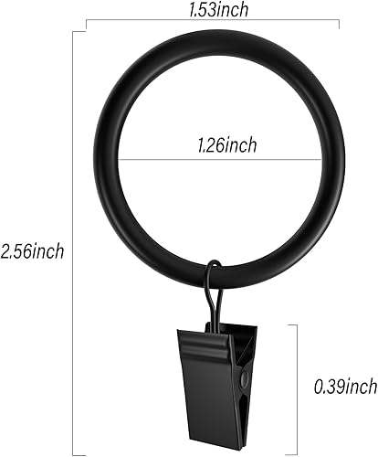 Miniatura 6 de Paquete de 24 anillos de cortina negros con clips, ganchos de cortina para colgar, anillos para cortinas resistentes, clips de cortina antióxido