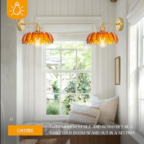 Image of Amber Glass Wall Sconce Brushed Gold Vanity Light 1-Lights Brass Bathroom Light Fixtures Vintage Modern Wall Sconces for Over Mirror Flower Wall Lighting Farmhouse Bath Vanity Lights