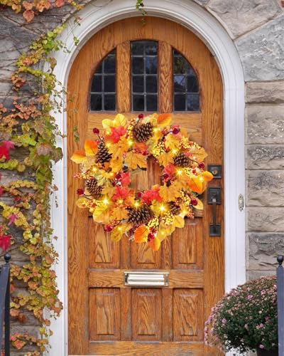 18inch Autumn Wreath Front Door with Hanger,Pinecones Autumn Door Wreaths Halloween Wreath Hanging Indoor Outdoor, Fall Wreath for Halloween Decorations, Harvest Festival Thanksgiving Decor (Orange) - Image 4