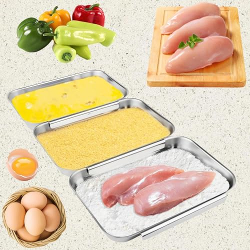 3-Piece Stainless Steel Breading Set – Interlocking Coating Trays For Chicken, Fish, Meat | Non-Slip, Dishwasher Safe, Oven Safe | Stackable Space-Saving Design For Flour, Egg (M-8.6' X 5.8')