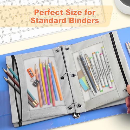 Image of Shemira Pencil Pouch for 3 Ring Binder, Binder Pencil Pouch with Smooth Zipper, Clear Window Pencil Case for Binder, Zipper Pencil Pouches, Big Capacity 3 Ring Binder Pencil Bag, Grey