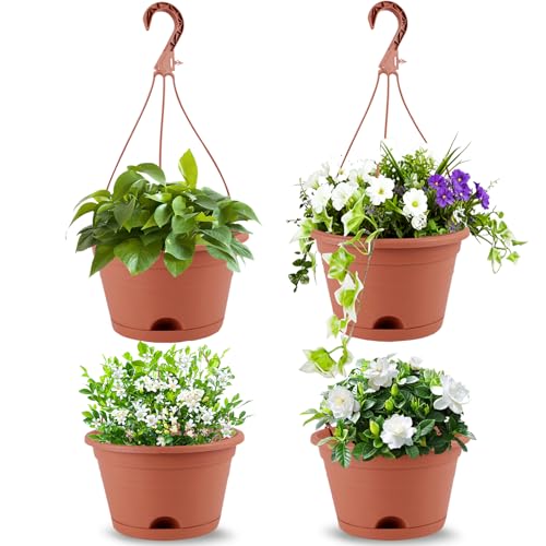 Nooulap 4 Pack Hanging Planters, 10 Inch Hanging Plant Pot with Hanger Chain & Drainage Trays, Hanging Baskets for Plants Outdoor Indoor, Plastic Flowers Pots for Home, Garden Decor (Terracotta Red)