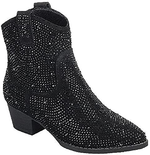 Forever Girls Rhinestone Cowboy Boots Kids Low Heel Dress Booties River-01K Black 9