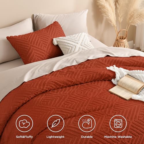 Image of Andency Full Size Comforter Sets Burnt Orange, Boho Lightweight Full Bed Set, Terracotta Fluffy Bedding Set & Collections, 3 Pieces Rust Tufted Design (79x90Inches, 1 Comforter and 2 Pillow Shams)