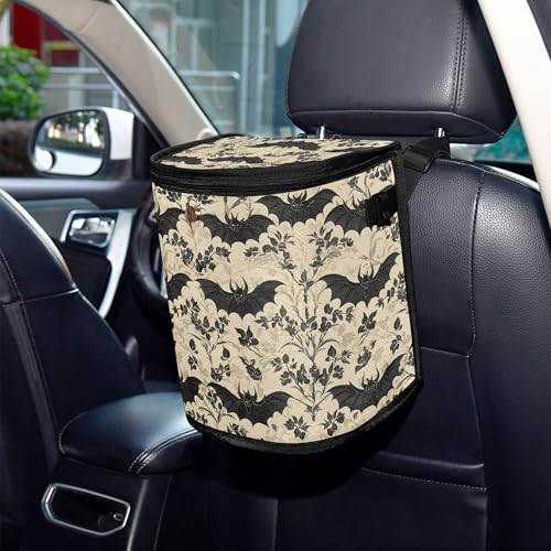 Image of MNSRUU Car Trash Can with Lid, Bats and Flowers Vintage Car Trash Bag Hanging Organizers and Storage for Front Back Seat, Leak-Proof Trash Bin