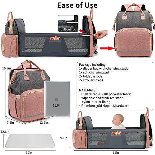 Diaper Bag Backpack - Large Travel Diaper Bags For Baby Girl & Boy - Portable Changing Pad, Stroller Straps, Insulated Pockets - Waterproof - Baby Shower Gifts - 16.5X9.4X14", 30L Capacity, Pink Gray #TOP5