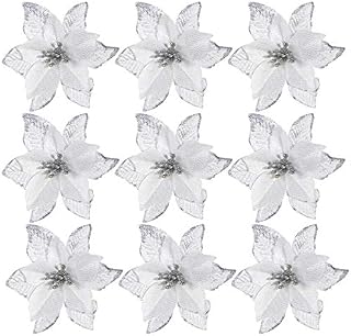 NUOBESTY Christmas Glitter Artificial Flowers, Poinsettia Flowers Xmas Tree Hanging Ornament for Christmas Wreath Wedding Party Decoration Silver 24pcs