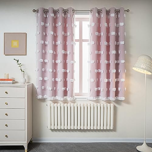 Image of MYSKY HOME Pink Curtains for Girls Bedroom 54 Inches Long Kids Curtain with White Pom Pom Sheer Short Curtains for Windows 2 Layered Drapes Grommet Room Darkening Nursey Curtain, 2 Panels, W52 X L54