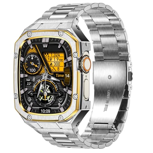 Image of BAITEYOU Stainless Steel Watch Band with Case Compatible with Apple Watch Ultra 3 2 1 band (49mm), Rugged Strap with Metal Protective Bumper Cover for iWatch Bands Men (Silver /Gold)