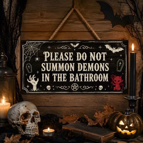Image of Halloween Decorations - Funny Wooden Sign for Wall Home Door Bathroom | Spooky Demons Warning Hanging Sign Decor - Halloween Wreaths| Halloween Party Favors Supplies for Wall Door Decor