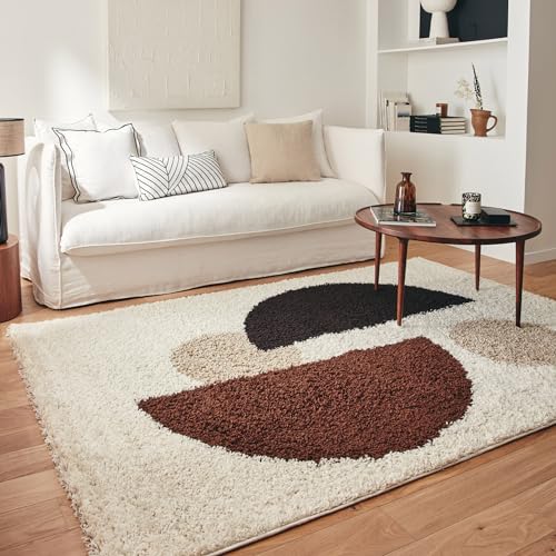 Nazar Tapis Moderne Shaggy, Creme, Marron, Poils Long, Motif geometrique, Tapis Salon, Tapis Arc (1064 Marron, 160x230 cm)