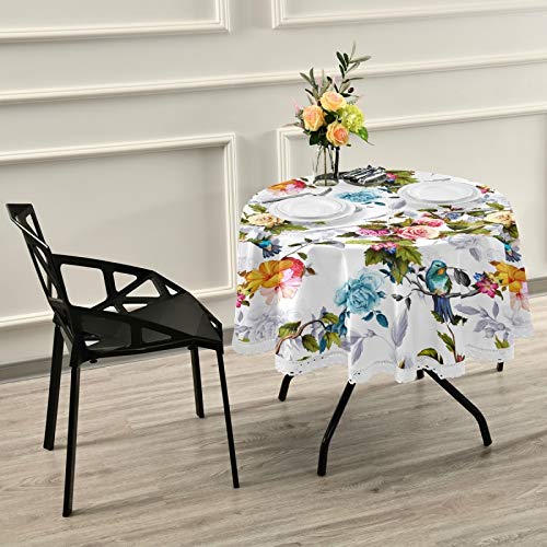 Blue Hummingbird Round Tablecloth 60 Inch Washable Polyester Lace Trim,Bird Flower Summer Kitchen Circle Table Cloth Cover Mat For Party Dinning Tabletop Wedding Home Decor #TOP6