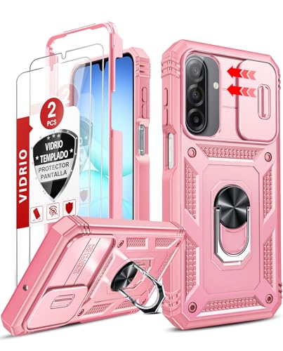 LeYi Funda para Samung Galaxy A17/A 17 5G con [2-Unidades] Cristal Vidrio Templado, Uso Rudo Carcasa Cubierta de cámara Deslizante Proteger Anillo Soporte Silicona TPU Armor Bumper Case, Rosa