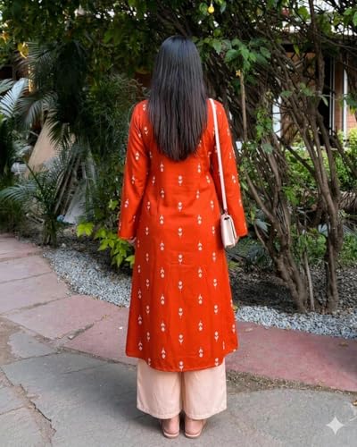 Image of Stylum Women's Rust Ethnic Printed Rayon A-Line Kurta Palazzo Set | Palazzo Kurti Set for Women