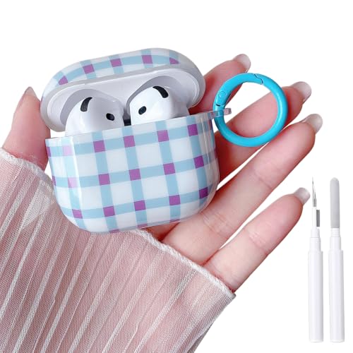 Image of MINSCOSE for AirPods 4 Clear Case,Cute Retro Plaid Pattern Design with Girly Keychain Lock,Soft TPU Protective Shockproof Cover with Cleaner Kit for Girls Women for Airpods 4-Blue