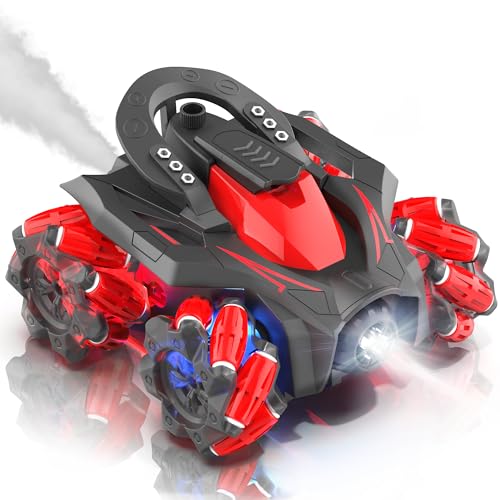 Sukiwiper RC Stunt Car for Kids Ages 5-12 - Cool Spray Effect & LED Lights, 4wd Remote Control Car All-Terrain Drift Toy, Rc Cars for Boys Christmas (Red)
