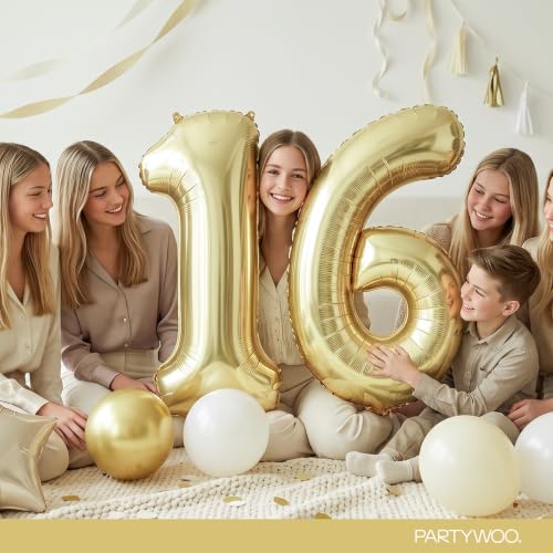 Image of PartyWoo Gold Number 16 Balloon 40 Inch 33pcs Metallic Gold Foil Star White