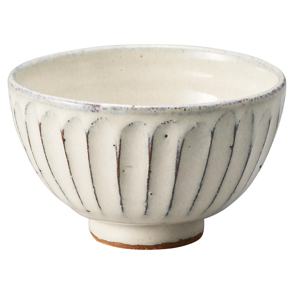 Marui Hechimon Shigaraki Ware Rice Bowl Carved White Glaze Ceramic 4.7in