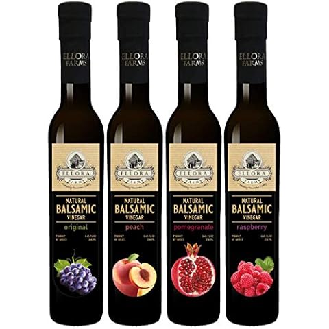 Ellora Farms, Combo Pack Fresh Original and Peach, Pomegranate, Raspberry Infused Balsamic Vinegar Creme Pack, All-Natural, No- Additives, No-Added Sugars, Italian Dark Glass Bottles, Pack of 4 Cover