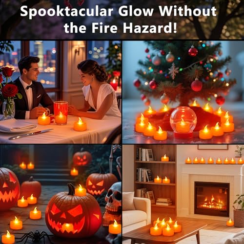 Image of Tea Lights Battery Operated Candles LED Tea Lights Flameless Candles 200+ Hours Flickering Fake Tealights for Sweetest Day Wedding Home Decorations Party (Orange Base, 24 Pack)