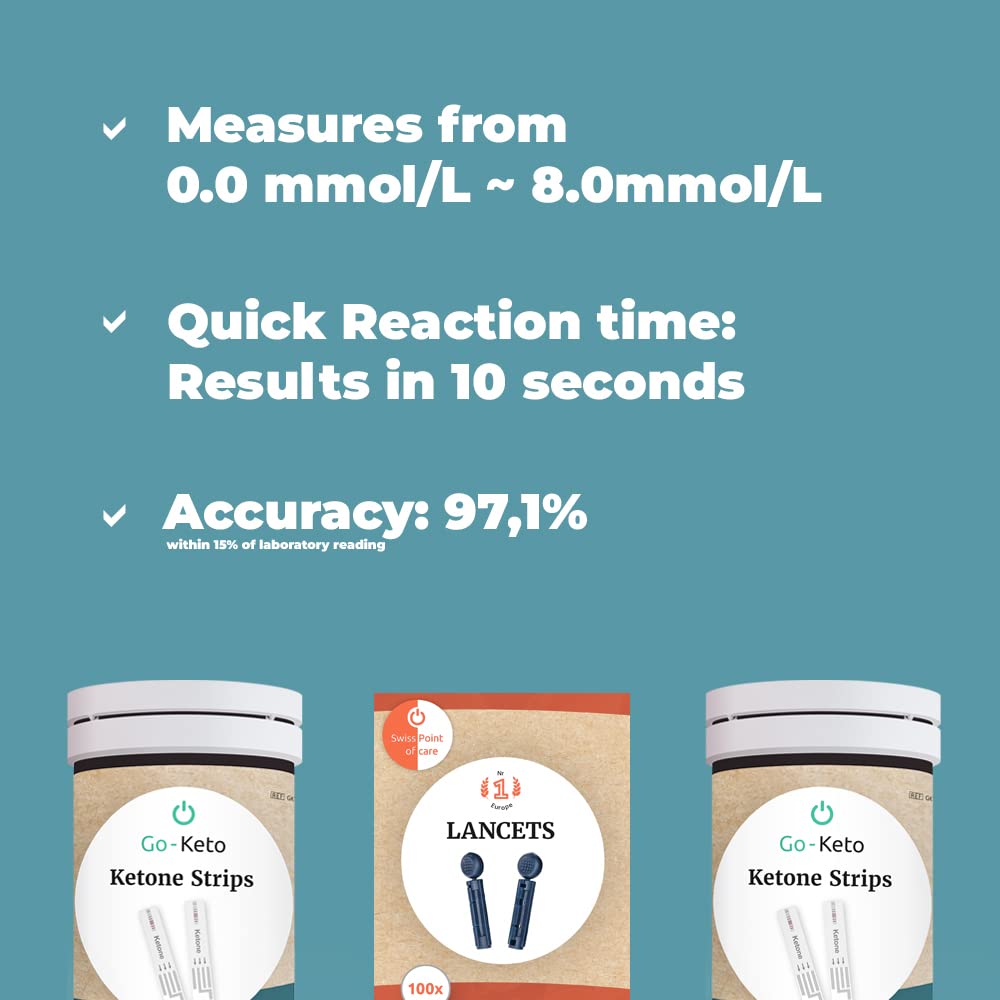 Go-Keto Ketone Bundle - Teststreifen & Lanzetten in einem Paket | 100 Ketone Teststreifen + 100 Lanzetten | zur Überwachung der Ketonwerte mit den Messgeräten von Go-Keto und GK Dual