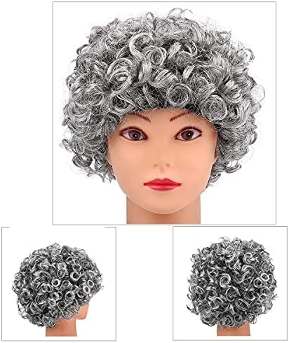 BIQIQI Grandma Wig Grey Old Lady Costume Set Women's Grandmother Cosplay Accessories with Curls Grandma Wig, Madea Glasses, Glasses Chains Drawstring Straps, Pearl Jewellery Grandma Fancy Dress