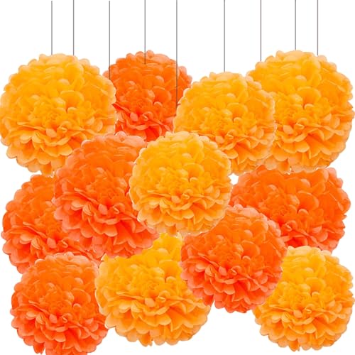 Image of XIKSXITN 12 pcs Orange Paper Pom Poms Decorations for Party in 2 Colors,Ceiling Hanging Tissue Paper Flowers Decorations (8&10&12 inch)