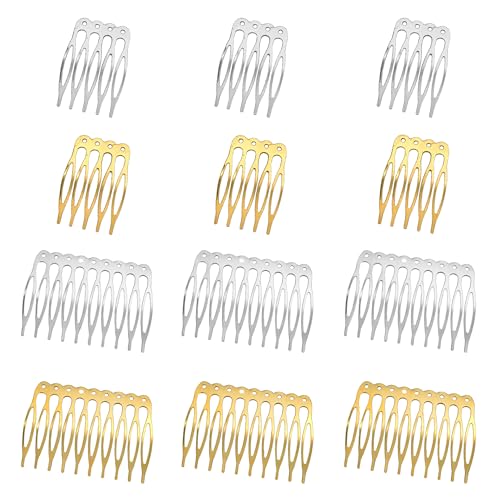 XCSJ Pack of 12 Metal Side Combs 5, 10 Teeth Hair Combs DIY Bridal Wedding Comb for Veil Hair Combs for Women Girls DIY Hair Accessories, Gold (Silver + Gold)