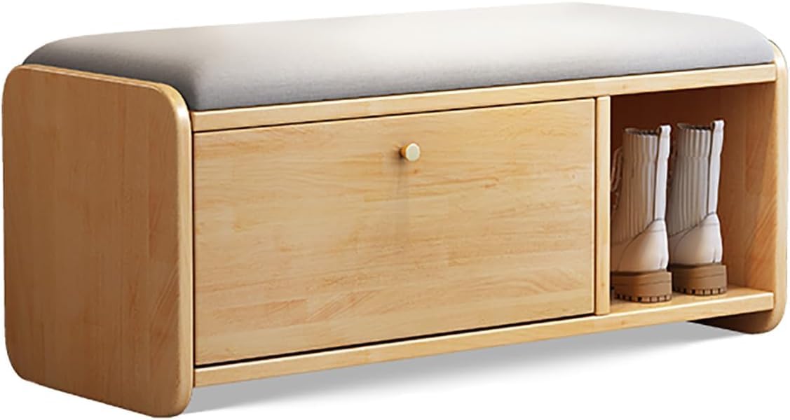 LWJSOCP Solid Wood Entryway Shoe Bench with Padded atModern 2Door Hidden Shoe Organizer for Hallway Bedroom Mudroom Storage Solution