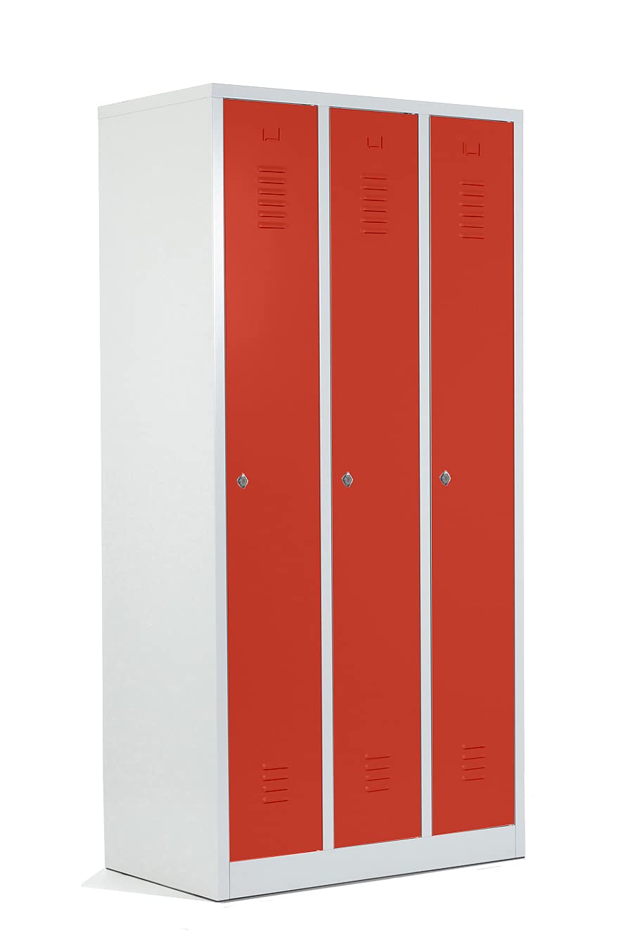 Schrank & Stuhl Spind – Metallspind mit 3 Abteilen in 180 x 90 x 50 cm, Schließfachschrank mit Hutboden & Drehriegelverschlüssen, Lieferung komplett montiert, Grau/Rot