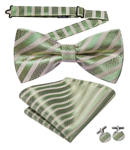 Image of Hi-Tie Sage Green Pre-Tied Bowties for Men Silk Clip On Stripe Mens Bowtie Pocket Square Cufflinks Set for Wedding Party
