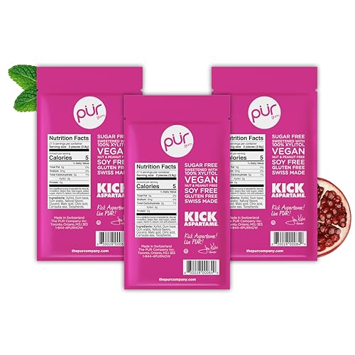 Image of PUR Gum | Aspartame Free Chewing Gum | 100% Xylitol | Natural Pomegranate Mint Flavored Gum, 55 Pieces (Pack of 3)