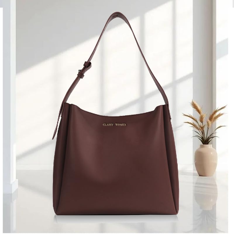 CLASSY WOMEN Large Shoulder Bag for Women | Coffee Brown PU Leather Hobo Handbag | Smooth Minimalist Tote Purse with Adjustable Strap & Magnetic Closure-image-24