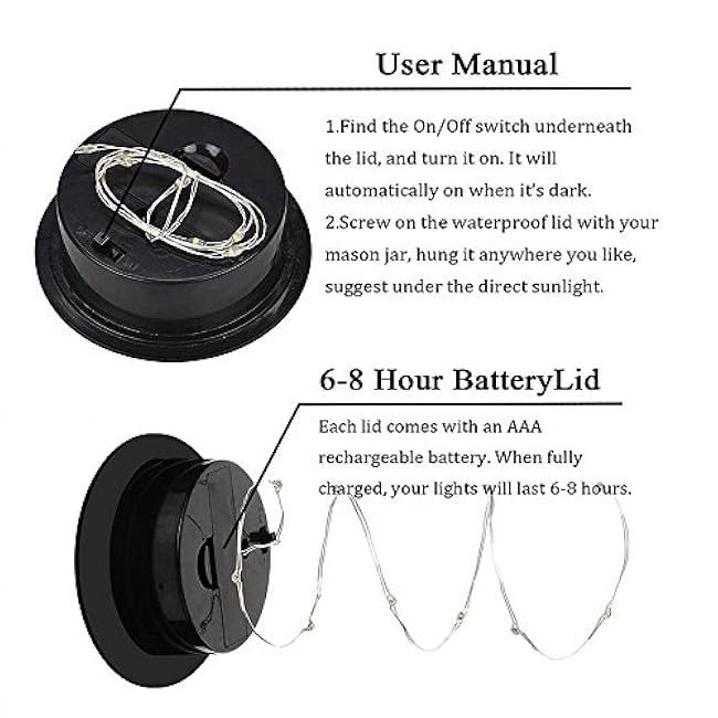 Miaro 6 Pack Mason Jar Lights, 20 LED Solar Warm White Fairy String Lights, Waterproof, Fits Regular Mouth Jars