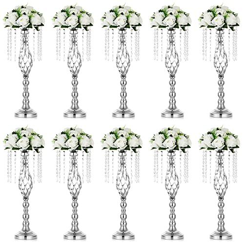 Nuptio 10 Pcs Silver Wedding Centerpieces Flower Stand 55cm Height Wedding Road Lead Flower Vases Crystal Artificial Flower Arrangements for Wedding Party Birthday Event Reception Home Decor 10xL