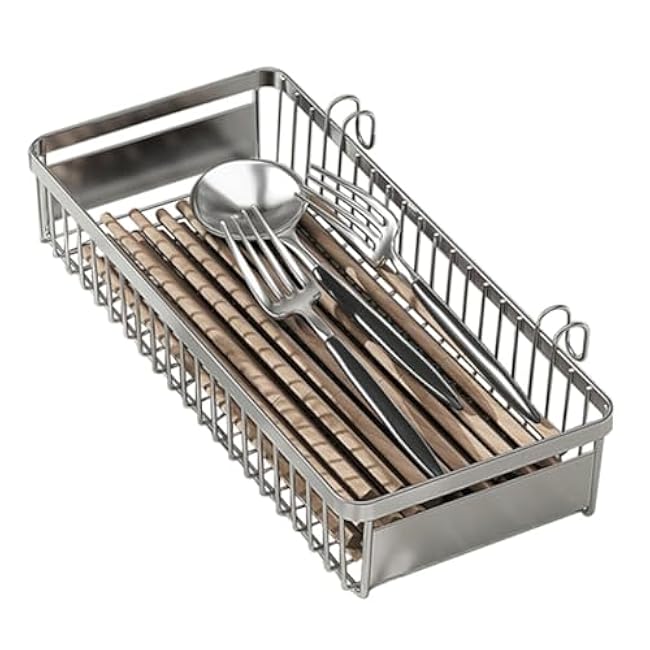 304 Stainless Steel Utensil Drying Rack/Chopsticks/Spoon/Fork/Knife Drainer Basket Flatware Storage Drainer (Square)