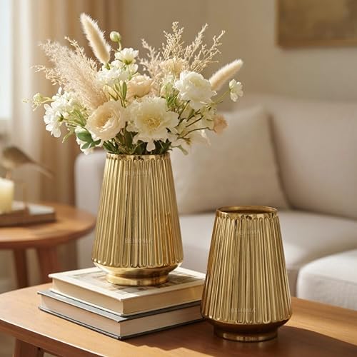 Image of BEHOMA Metal Fluted Column Flower Vase Set, Golden - Set of 2 | Modern Metal flower vase in Gold - for fresh or artificial flower displays for living room - great wedding gift