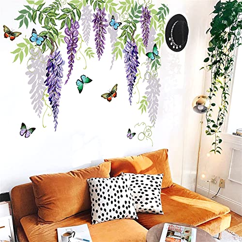 Waft Yearn Wisteria Flower And Butterfly Wall Decals Butterfly Vine Creeper Climber Trailing Plant Wall Sticker Purple Flowers Art Wall Clings Removable Vinyl Stickers For Nursery Boy's Girl's Bedroom Kid's Room School Living Room Tv Background Decoration Murals #TOP2