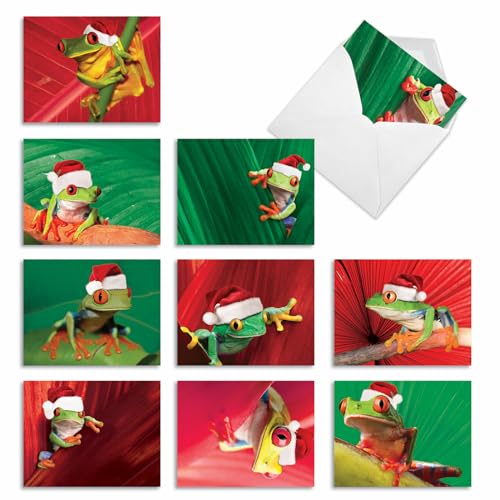 Image of The Best Card Company - 10 Holiday Note Cards for Christmas - Festive Bulk Assortment, Boxed Notecards with Envelopes (4 x 5.12 Inch) - Yule Frogs M1754XS