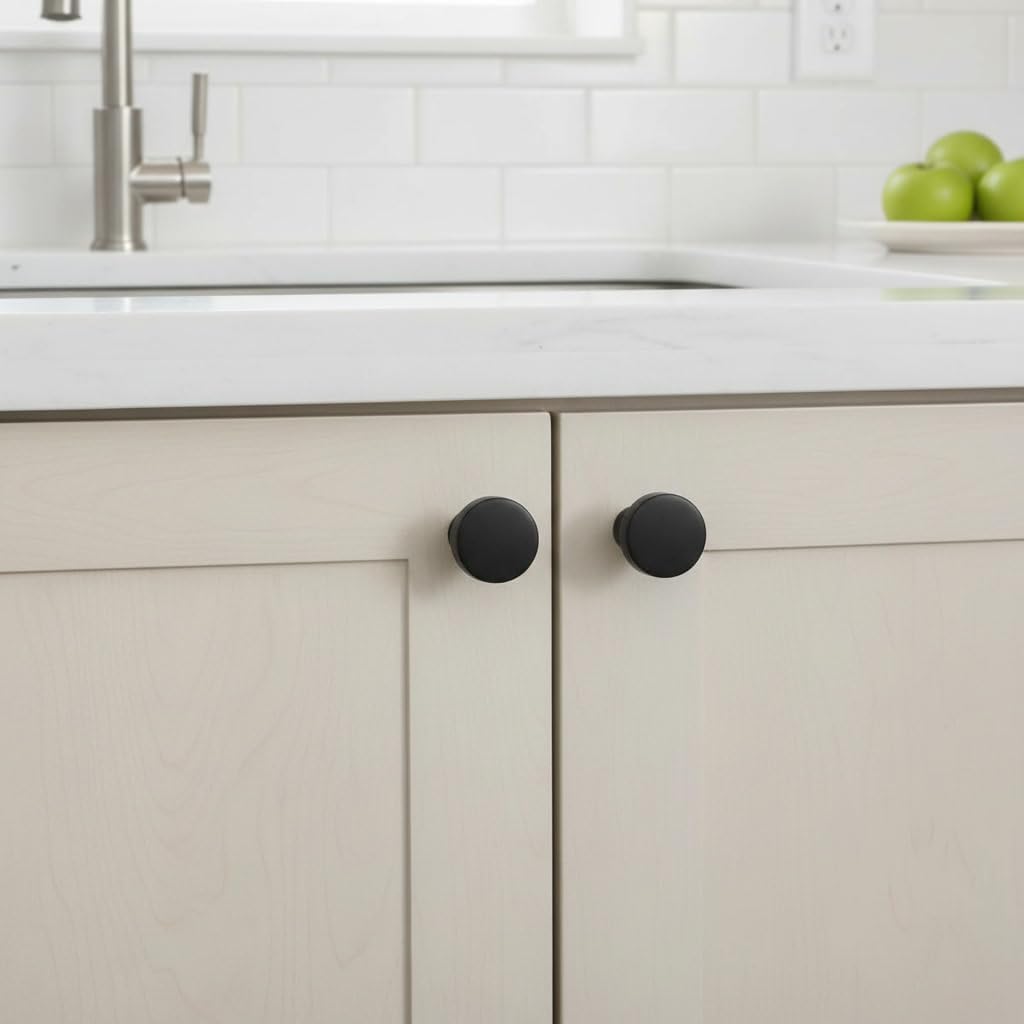 Cosmas 10 Pack 5234FB Flat Black Cabinet Knobs - Matte Black Round Cabinet Knob 1-1/4 Inch, Solid Zinc Metal, Kitchen Drawer Dresser Knob, Contemporary Hardware, Screws Included