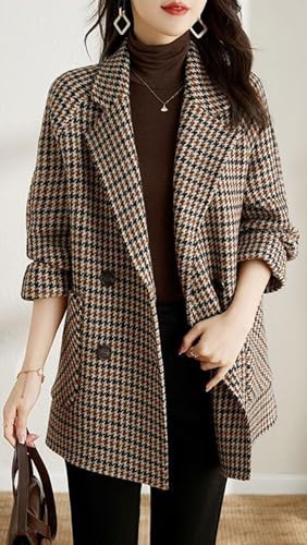 chouyatou Women's Winter Double Breasted Houndstooth Plaid Wool Pea Coat Notch Lapel Dressy Wool Trench Coat3